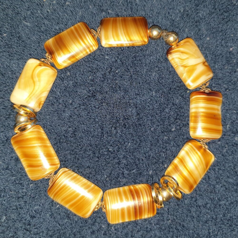 Large Vintage Art Deco Brown Agate Glass Beaded Hand Knotted Bracelet